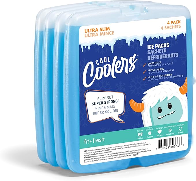 Cool Coolers by Fit & Fresh Slim Ice Packs, Quick Freeze, Space-Saving, Reusable Ice Packs for Lunch Boxes & Coolers