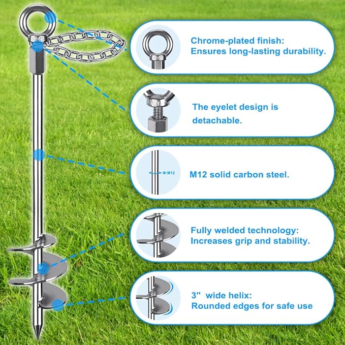 17.5'' Fully Welded Ground Anchors with Chain, 3'' Wider Spiral Trampoline Anchors, 2pcs Mobile Home Anchors, Heavy Duty Earth Anchors for Sheds, Swing Sets, Canopies, Carports