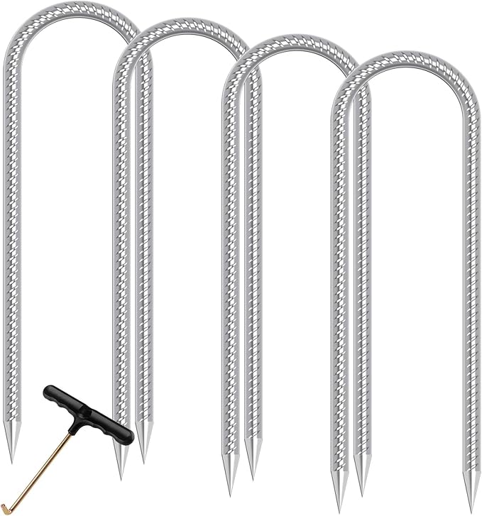 Trampolines Wind Stakes Heavy Duty U Type Sharp Ends 12inch Safety Ground Anchor Galvanized Steel for Soccer Goals, Camping Tents and Huge Garden Decoration (Trampoline Stakes 4pcs)