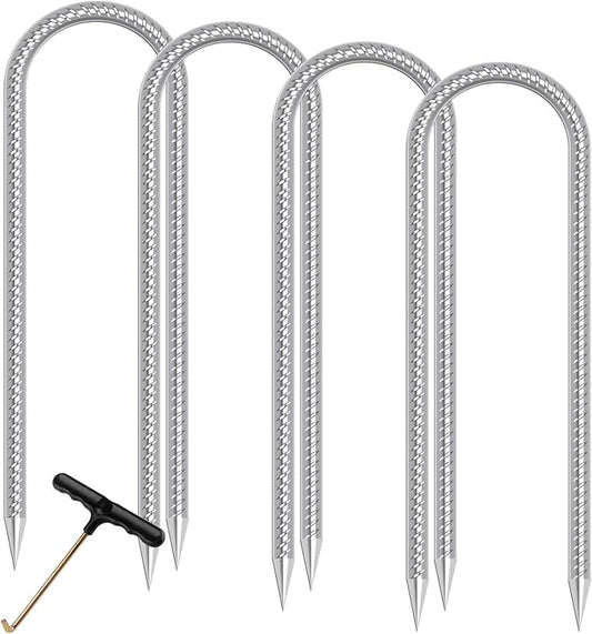 Trampolines Wind Stakes Heavy Duty U Type Sharp Ends 12inch Safety Ground Anchor Galvanized Steel for Soccer Goals, Camping Tents and Huge Garden Decoration (Trampoline Stakes 4pcs)