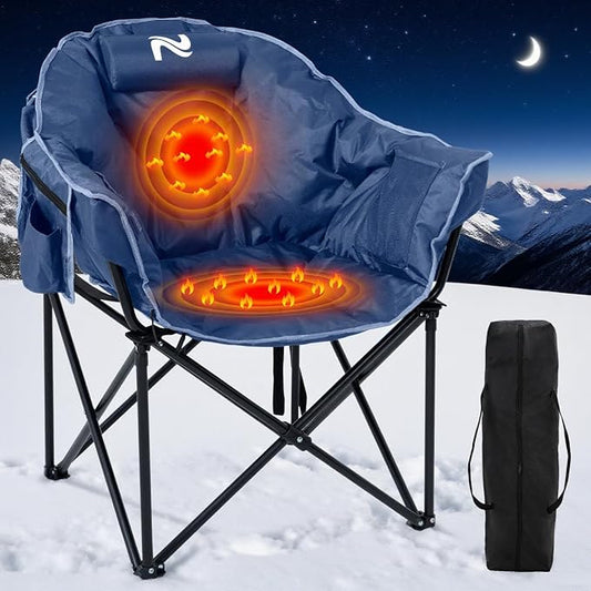 Oversized Heated Camping Chair, 3 Heating Levels Soft Padded Camp Chairs with Pillow and Storage Bag, Portable Folding Outdoor Heated Moon Chair for Camping Lawn Patio Beach and Picnics