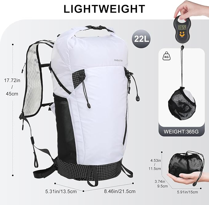 IX INOXTO Hiking Backpack 15L/22L Ultra Lightweight Packable Travel Backpack Small Waterproof Foldable Outdoor Day Pack with Two 500ML soft flasks for Men Women (White)