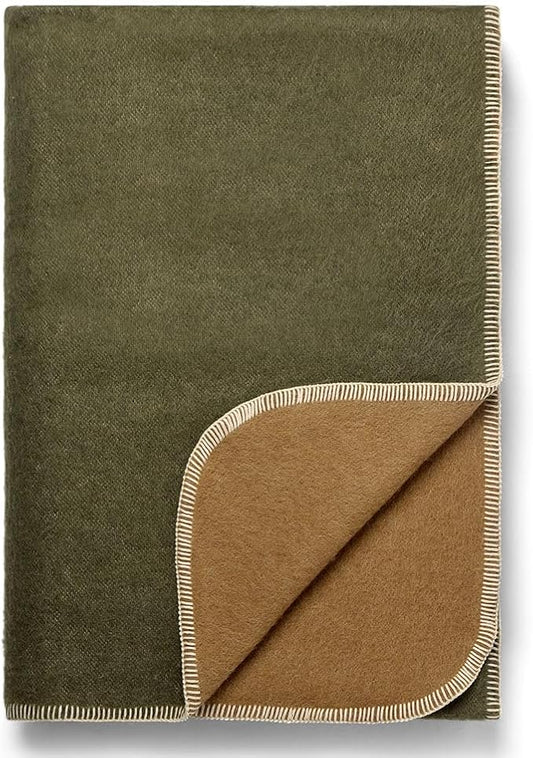 Thick Alpaca Wool Blanket Heavyweight for Camping or Indoors | Soft Peruvian Alpaca Wool (Olive Green/Soft Camel, Queen)