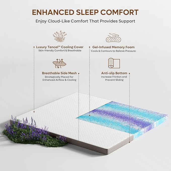 Bestier 4 Inch Gel Memory Foam Mattress Topper Twin XL Size (38 x 80 Inch), Cooling Bed Topper & Soft Mattress Pad, High Density Foam with Tencel Cover for Back Pain, RV, Dorm