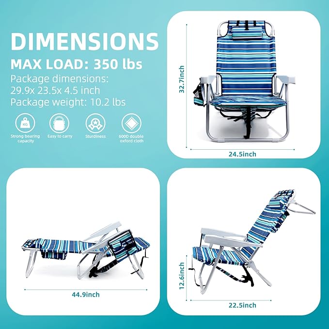 Beach Chairs for Adults Heavy Duty, Compact Portable Lay Flat Folding Chair with Backpack Straps and Large Cooler Pouch, Support to 350LBS (Stripes_Blue&Cyan)