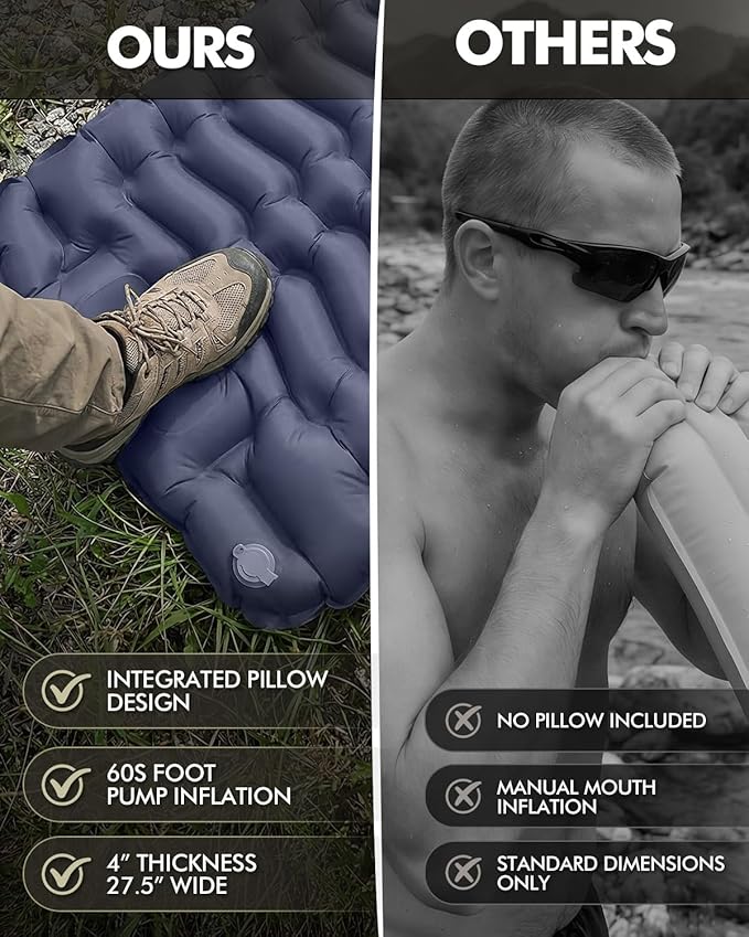 Ultralight Inflatable Camping Sleeping Pad with Built-in Pillow & Foot Pump, 3” Thick Compact Air Mattress for Backpacking, Hiking, Traveling, Tent Camping, Dark Blue