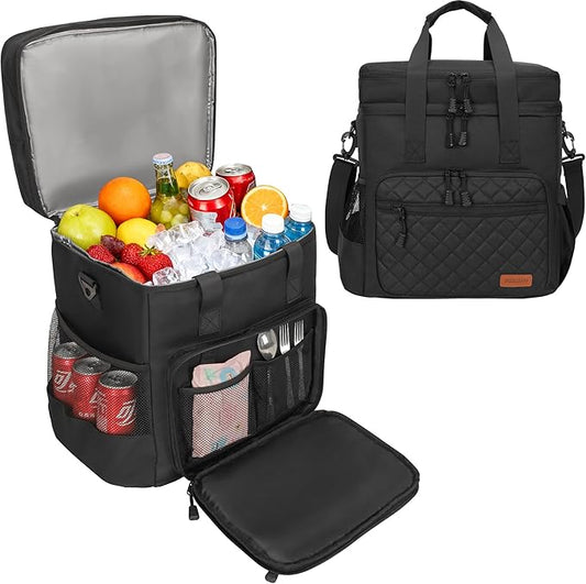 31L Large Insulated Cooler Bag for Men or Women, Double Layer Soft Cooler Bag for Picnic, Camping, Beach, Travel, Food & Drinks, Black