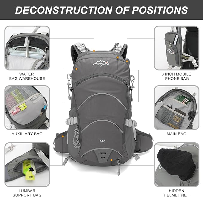 IX INOXTO 20L Hydration Backpack, Waterproof Hiking Internal Frame Backpacks with 2L Hydration Water Bladder and Rain Cover for Men, Lightweight Travel Daypack for Cycling,Camping,Ski (grey)