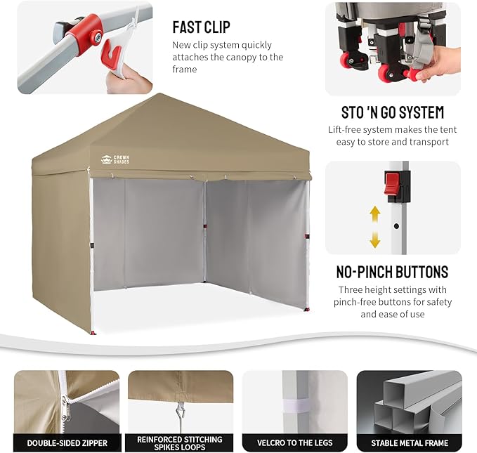 CROWN SHADES 10X10 Commercial Instant Canopy Pop Up Tent with Center Lock, 300D Fabric, 4 Sidewalls, Sto'N Go Bag, Beige