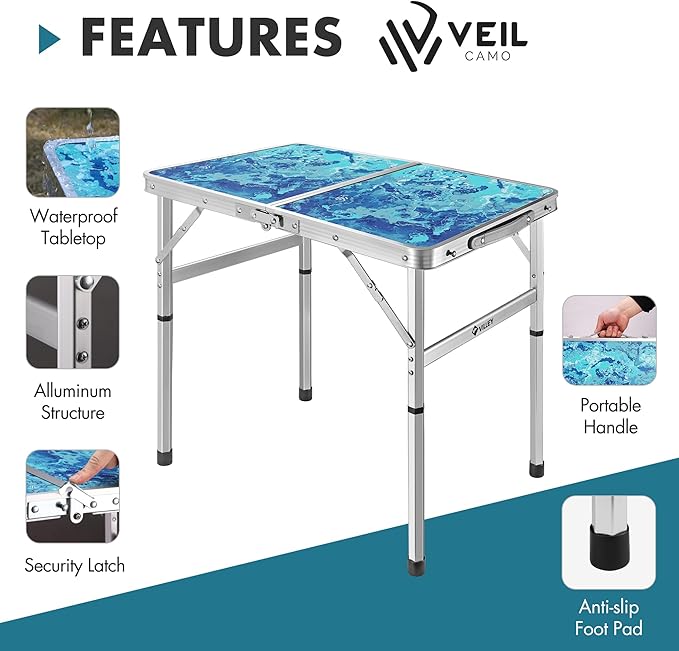 VILLEY Folding Camping Table 2FT, Portable Small Picnic Table with Adjustable Height, Lightweight Aluminum Foldable Table Small Folding Table with Carry Handle for Outdoor Indoor BBQ Hiking Beach