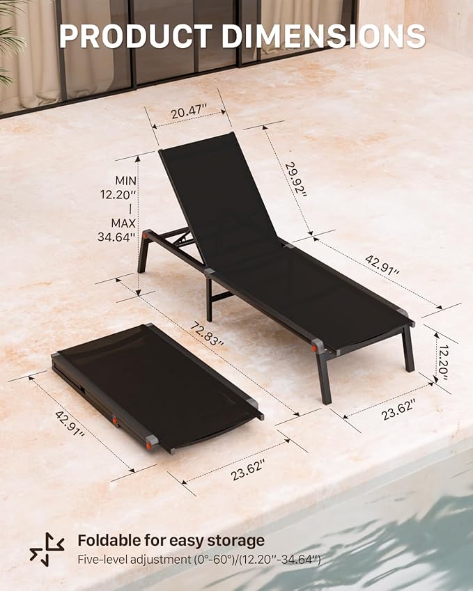 Aluminum Patio Chaise Lounge Chair Set of 2 with Side Table,5-Position Adjustable Backrest,Foldable Lounge Chair Outdoor,Pool Lounge Chairs for Poolside,Lawn,Deck,Beach (Black, 2 Pack+Table)