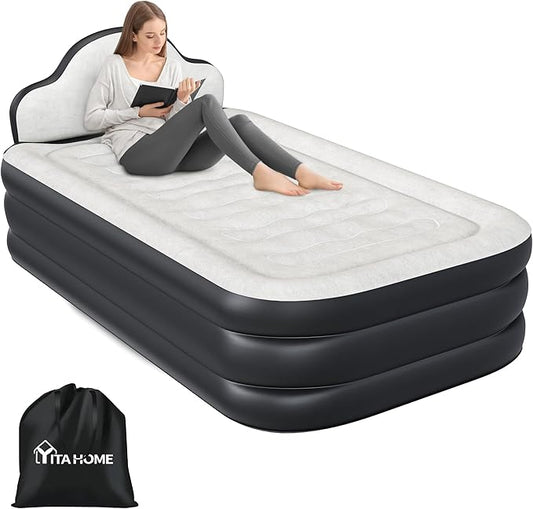 YITAHOME Twin XL Size Air Mattress with Built-in Pump, 18in Inflatable Bed with Headboard, Blow Up Mattress with Carry Bag and Repair Tools for Guest, Travel, and Camping, Black