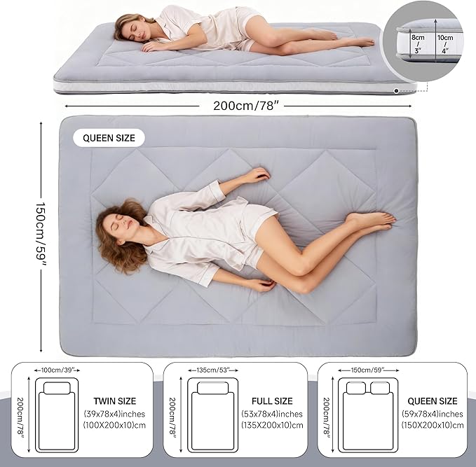 Welnow Japanese Futon Floor Mattress, Thick Full Size Tatami Mat Portable & Foldable Roll Up Floor Bed Mattress with Storage Bag, Sleeping Pad for Adults, Dorm, Guest Bed, Camping and Travel, Grey