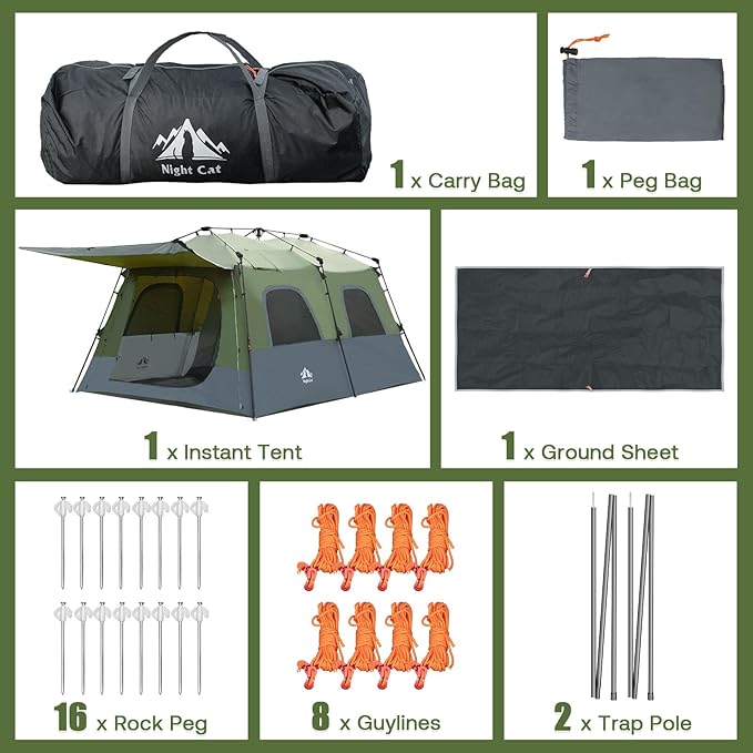 Night Cat 8-Persons Camping Tent: Large Waterproof Instant Cabin Hot Tent with Canopy and Stove Jack for Family Glamping