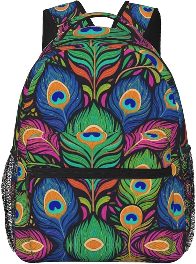 Men Women Lightweight Chic Animal Beautiful Peacock Feather Art Casual Daypack Big Capacity Bookbag With Padded Straps for Gym Travel Walking Cycling