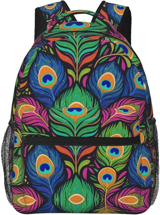 Men Women Lightweight Chic Animal Beautiful Peacock Feather Art Casual Daypack Big Capacity Bookbag With Padded Straps for Gym Travel Walking Cycling