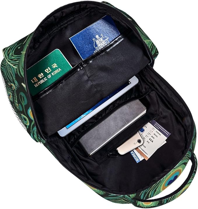 Men Women Lightweight Chic Animal Beautiful Peacock Feather Green Art Backpack Large Capacity Bookbag With Smooth Zippers for Gym Business Running