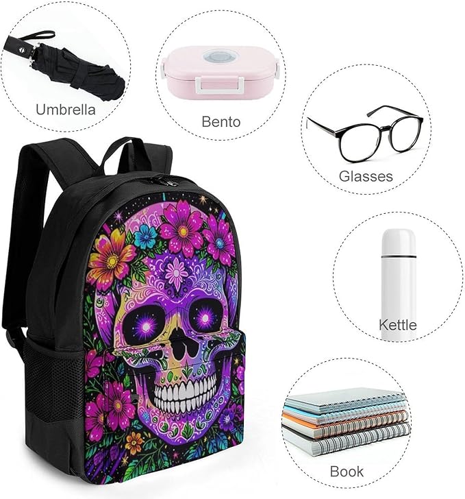 Rucksack Multipurpose Anti-Theft Big Capacity Shoulder Bag, Sugar Skull Flower Feathers Art Travel Hiking Camping Rucksack With Side Pockets