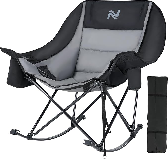 Oversized Rocking Camping Chair for Adults - Padded Recliner Rocker - Folding Lawn Chair with Cooler Bag and Pockets - Portable Rocker Chair Outdoor for Camp Patio Backyard