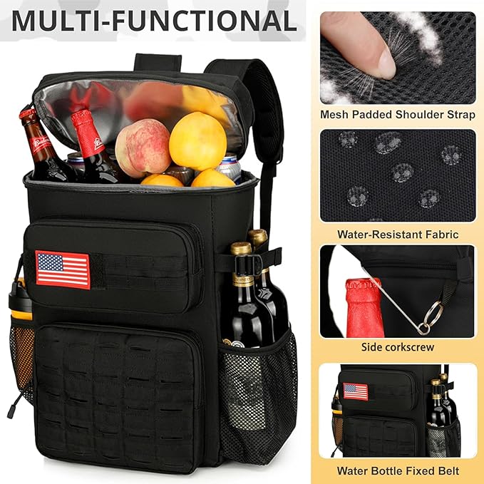 Tactical Backpack Cooler,Tactical Insulated Soft Cooler Bag Large Capacity Leakproof Back Pack,Portable Soft Cooler Bag Waterproof for Beach, Travel, Camping, Picnic, Hiking(Black)