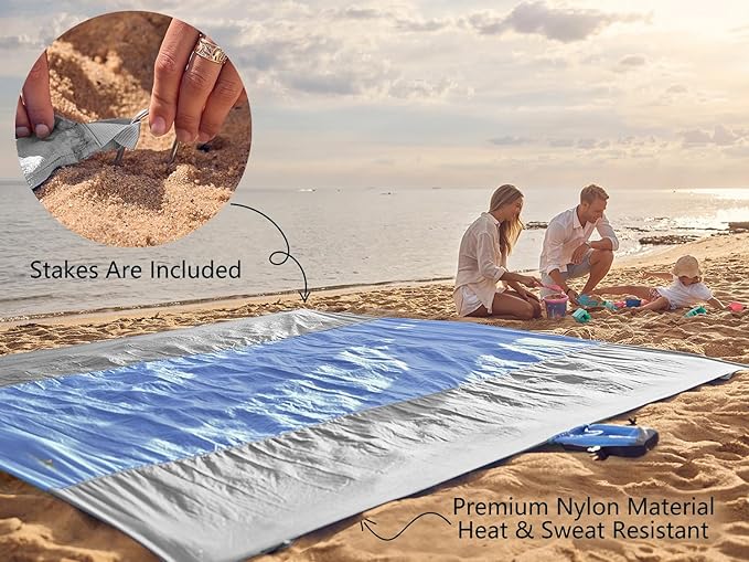 WEKAPO Beach Blanket Sandproof Waterproof, Extra Large Beach Mat, Oversized & Compact Sand Free Mat Quick Drying, Lightweight & Durable with Stakes & Corner Pockets