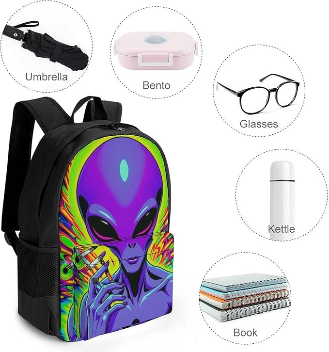 Rucksacks Polyester Anti-Theft Multipurpose Trippy Alien Art Carry On Bag Large Capacity Gym Outdoor Hiking Backpack With Smooth Zippers