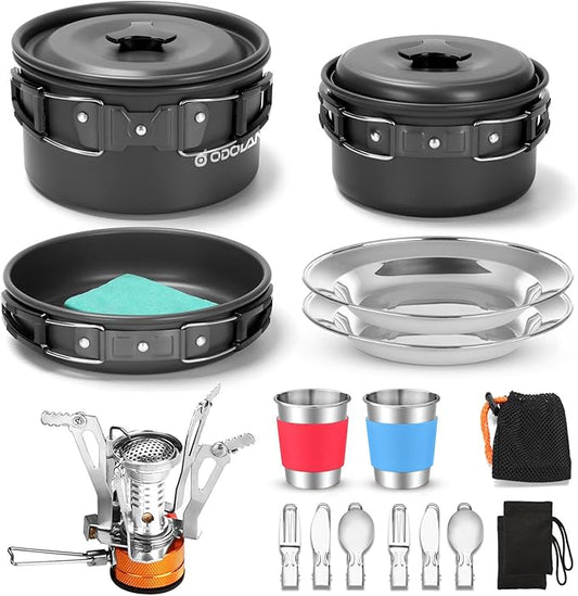 Odoland 16pcs Camping Cookware Mess Kit with Folding Camping Stove, Non-Stick Lightweight Pots Pan Set with Stainless Steel Cups Plates Forks Knives Spoons for Camping, Backpacking, Outdoor Cooking