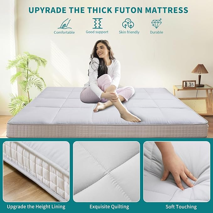 SUNYRISY Japanese Floor Futon Mattress, Thicken Roll up Sleeping Tatami Mat Floor Bed, Foldable & Portable Camping Mattress with Storage Bag, Twin Full Queen
