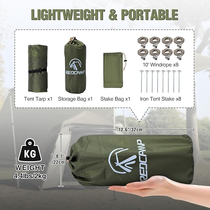 REDCAMP 10x17ft Large Waterproof Camping Tarp, Hammock Rain Fly with UV50+ Sun Protection, 8 Guy Lines & Stakes, Backpacking Tent Shelter for Camping, Hiking, Beach (Green)