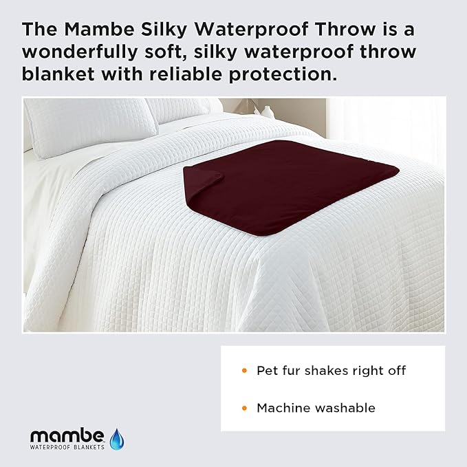 Mambe Silky Waterproof Throw for Protecting Furniture Bed Couch from Stains Caused by Dogs, Cats, Incontinence. Soft, Washable, Reversible. (Size Large 70x90 inches, Color Merlot)