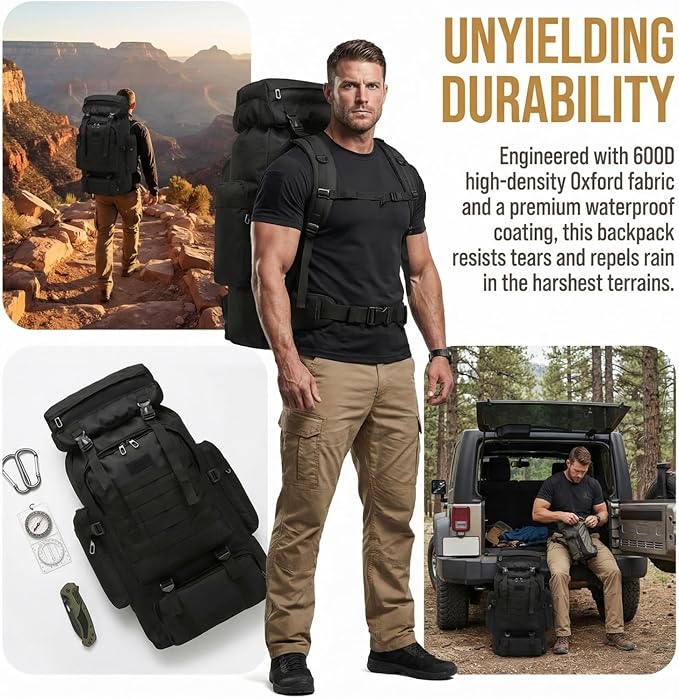 70L Hiking Backpack for Men, Waterproof Lightweight Camping Backpack, Military Rucksack with Molle, 3-Day Assault Pack for Travel, Climbing, Outdoor Sports(Black)
