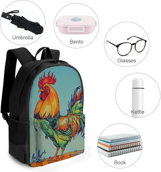 Daypack Polyester Anti-Theft Multipurpose Rooster Cock Art Bookbag Big Capacity Gym Outdoor Hiking Backpack With Adjustable Shoulder Straps