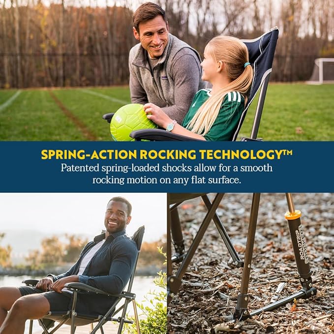 GCI OUTDOOR Roadtrip Rocker Camping Chair | Portable, Folding Rocking Chair with Solid, Durable Armrests, Drink Holder & Comfortable Extended Backrest — Hunter Green