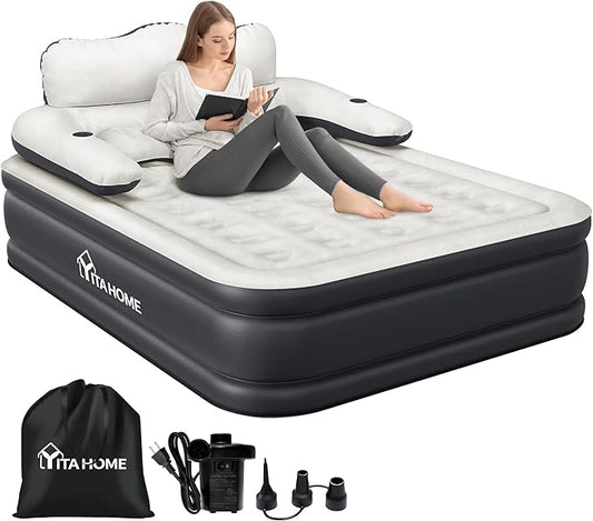 YITAHOME Queen Size Air Mattress with Headboard and Built-in Pump, 18in Blow Up Mattress with Carry Bag, Repair Kit, and Nozzles for Home, Camping, and Travel