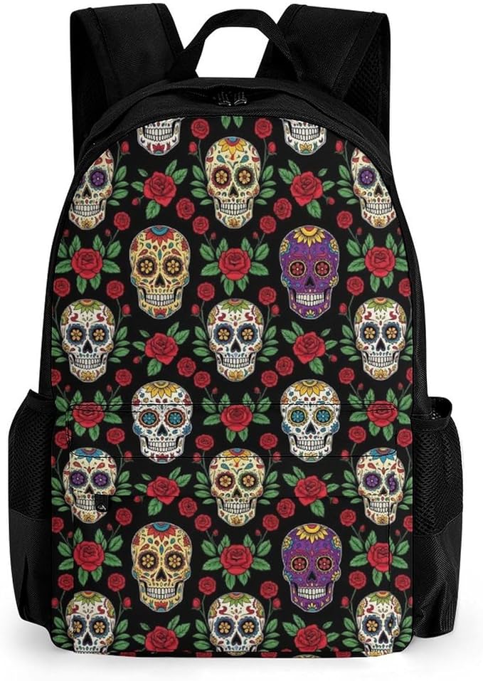 Supdreamc Men Women Polyester Mexican Day Dead Rose Sugar Skulls Backpack Large Capacity Bookbag With Smooth Zippers for Climbing Picnic Bicycle