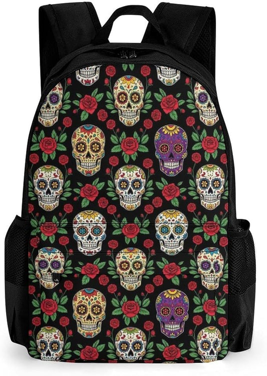 Supdreamc Men Women Polyester Mexican Day Dead Rose Sugar Skulls Backpack Large Capacity Bookbag With Smooth Zippers for Climbing Picnic Bicycle