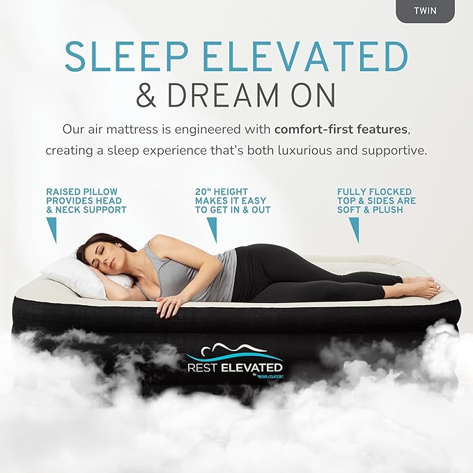 RestElevated Luxury Pillow Top Twin Size Air Mattress with Built in Pump | 20" Raised Height with Coil Beam Support | Adjustable Blow Up Air Bed | for Home, Guests and Camping [Black with Cream Top]