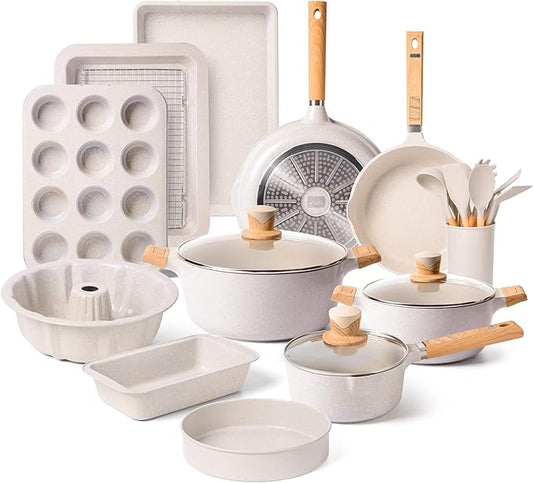 Pots and Pans Set Nonstick - Kitchen Cookware + Bakeware Set Granite Kitchenware Set, Induction Cookware Sets with Frying Pan Stockpot Saucepan Basket Cookie Sheet and Baking Pans for Gift