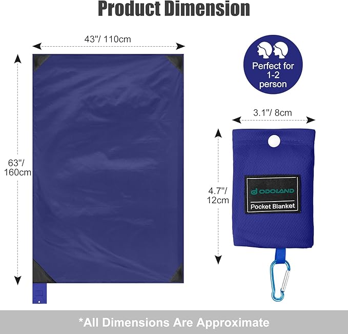 Odoland Beach Blanket Picnic Blanket, 43" x 63" SandProof Waterproof Outdoor Pocket Blanket with Portable Bag, Foldable Lightweight Sand Free Quick Drying Beach Mat for Hiking Camping Travel, Blue