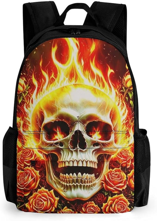 Daypack Bookbag Multipurpose Anti-Theft Big Capacity Carry On Bag, Skull Rose Fire Travel Hiking Camping Rucksack With Padded Straps
