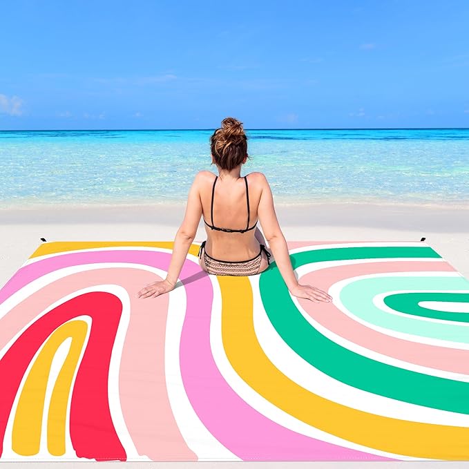 Beach Blanket, Waterproof Sandproof Beach Mat with 4 Stakes & 4 Pockets, 78''×86'' Large Compact Lightweight Sand Free Outdoor Essentials for Beach, Picnic, Travel, Camping