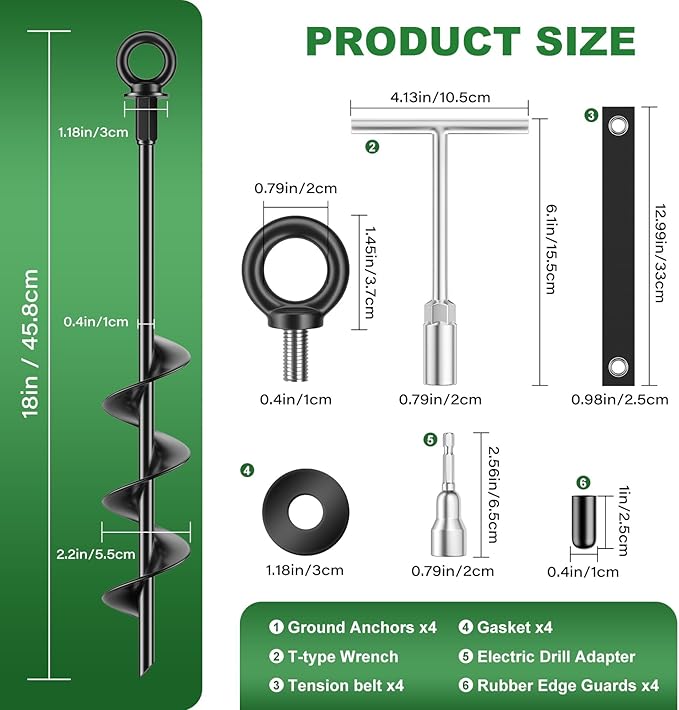Ground Anchors Heavy Duty Tent Stakes 18 Inch Swing Set Anchors Kit Screw in Fully Welded Spiral Earth Anchors Trampoline Stakes High Wind Metal for Shed Tent Carports Securing Animals Camping 4Pcs