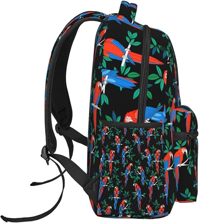 Men Women Polyester Macaw And Trees Art Daypack Big Capacity Shoulder Bag With Adjustable Shoulder Straps for Camping Travel Walking Cycling