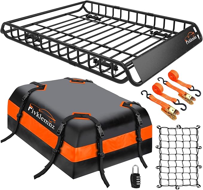 FIVKLEMNZ Car Rooftop Cargo Carrier Roof Bag Waterproof for All Top of Vehicle with/Without Rack Includes Topper Anti-Slip Mat + Reinforced Straps + 6 Door Hooks + Luggage Lock