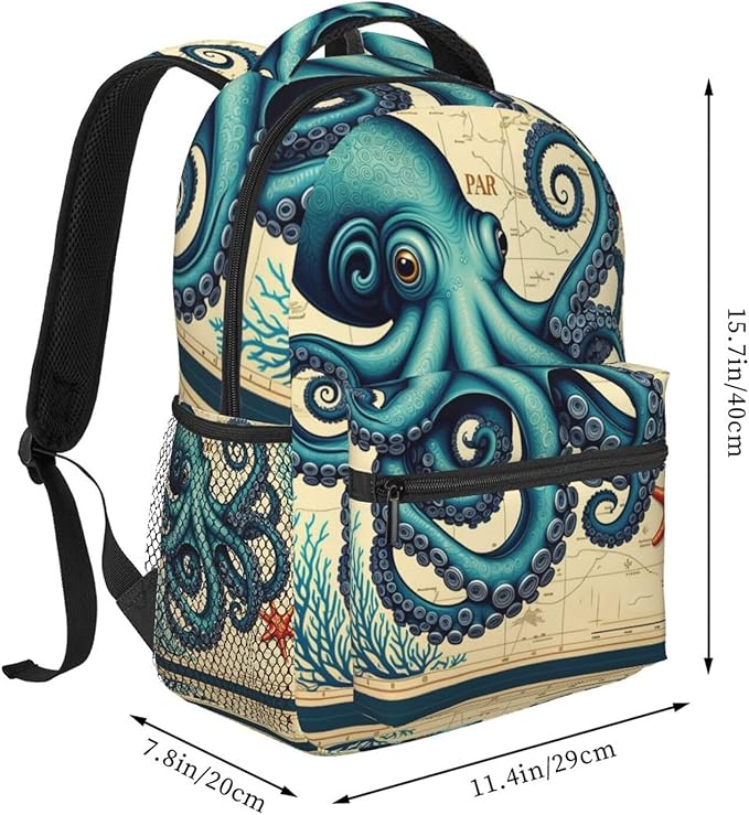 Backpack Polyester Anti-Theft Multipurpose Retro Octopus Art Bookbag Large Capacity Laptop Book Bag Rucksack With Side Pockets