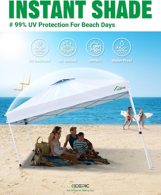 10x10 Pop Up Canopy Tent, One Push Instant Outdoor Gazebo with Vented Top, Upgraded 300D Silver Coated Sun Shade for Parties Camping Vendor, Includes Wheeled Bag and 4 Sandbags, White