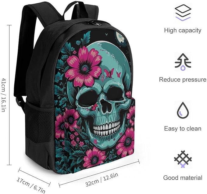 Supdreamc Polyester Daypack Backpack for Trekking Picnic Walking Cycling, Large Capacity Anti-Theft Multipurpose Shoulder Bag, Flowers Bird Cool Skull Casual Daypack