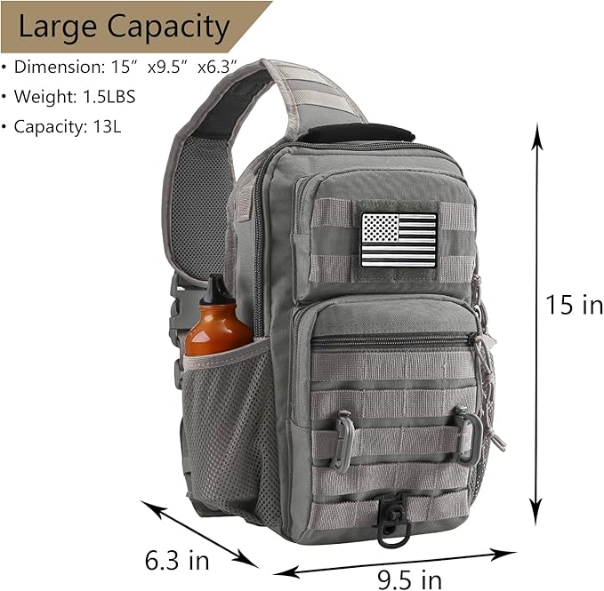 Rover Sling Pack Tactical Shoulder Sling Bag Backpack with Bottle Holder Crossbody Chest Bag, Grey