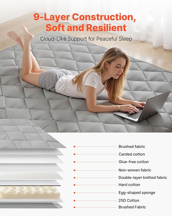 VEVOR 9-Layer Japanese Futon Mattress, 3.5" Thick Full Tatami Mat, Foldable Roll Up Mattress for Sleeping with Storage Bag, Portable Floor Mattress for Camping Dormitory Yoga, Gray