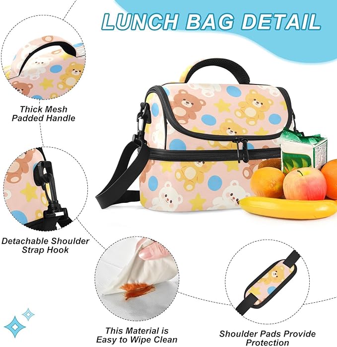 Double-layer Insulated Lunch Bag Cute Bear Star Waterproof Bags with Side Tissue Pocket for Beach Travel Car